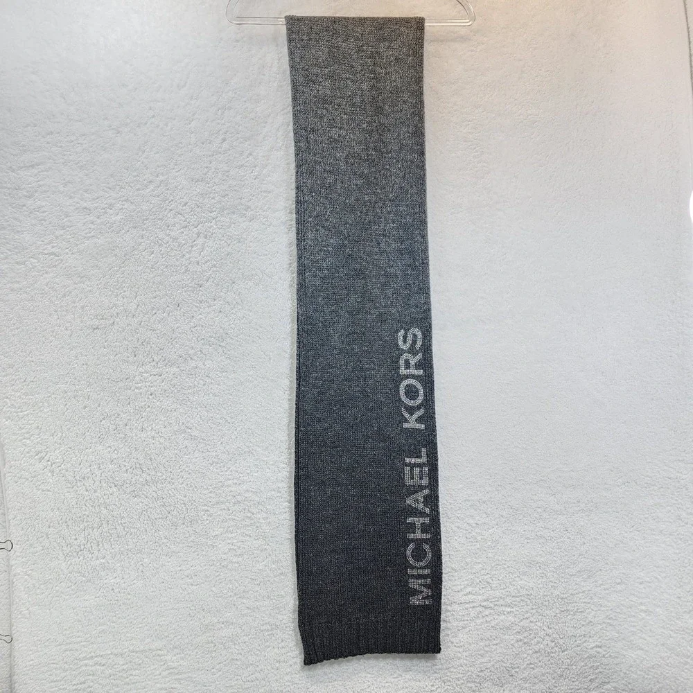 Michael Kors Gray Knit Scarf Embellished Logo Winter Soft Warm Long Shawl Wrap